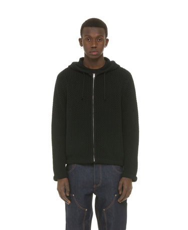 Black Loose-Knit Crochet Zip Hoodie