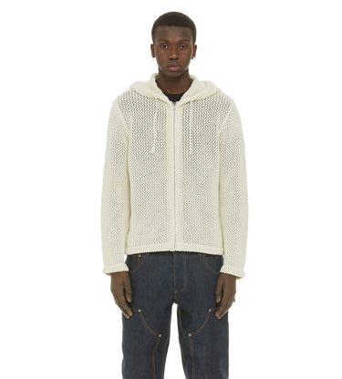 Cream Loose-Knit Crochet Zip Hoodie